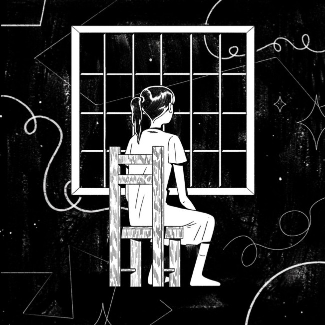 Illustrazione a tema Covid-19 sull'isolamento da quarantena con ragazza che guarda dalla finestra durante il primo lockdown